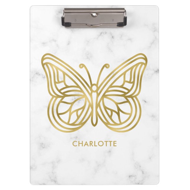 Geometric Printed Gold Butterfly Personalised Clipboard (Front)