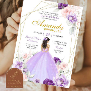 Geometric Purple and Gold Royal Crown Quinceanera Invitation