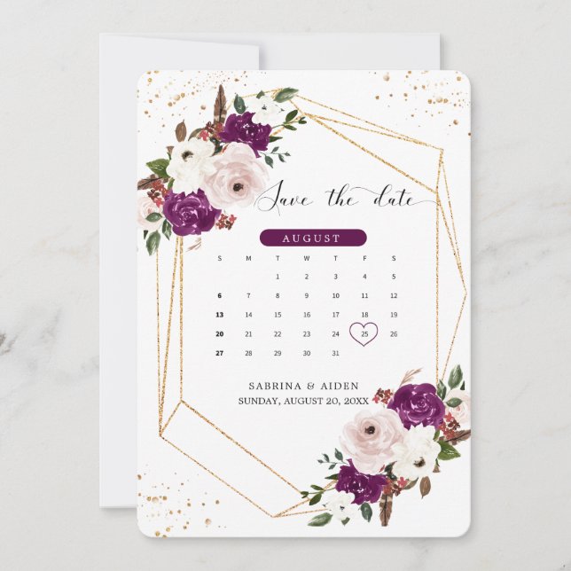 Geometric Purple Blush Pink Floral Wedding  Save The Date (Front)