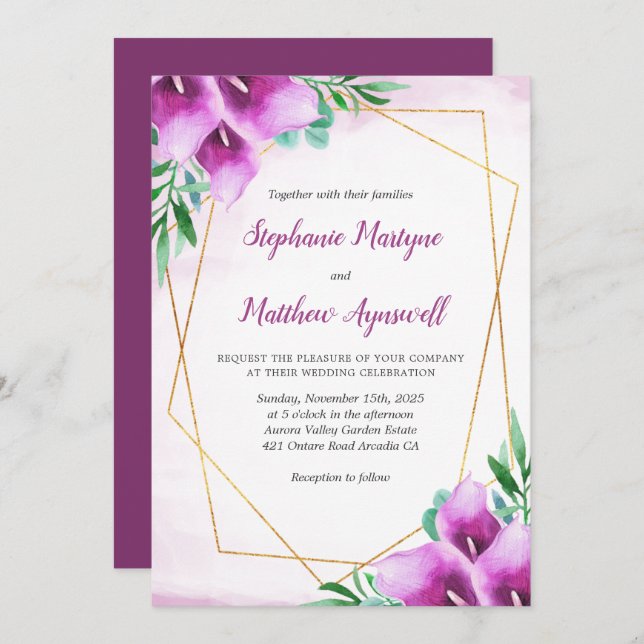 Geometric Purple Calla Lily Floral Wedding Invitation (Front/Back)