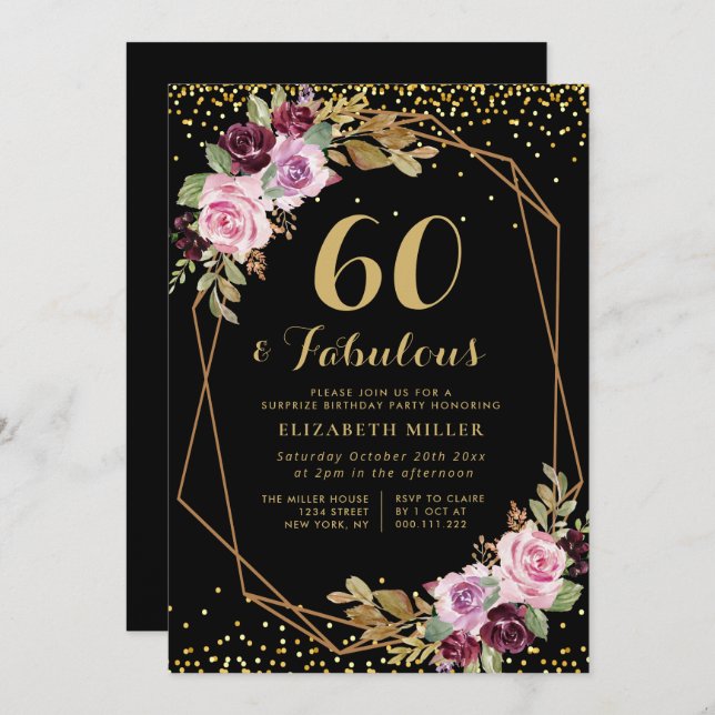 geometric purple floral 60th birthday invitation (Front/Back)