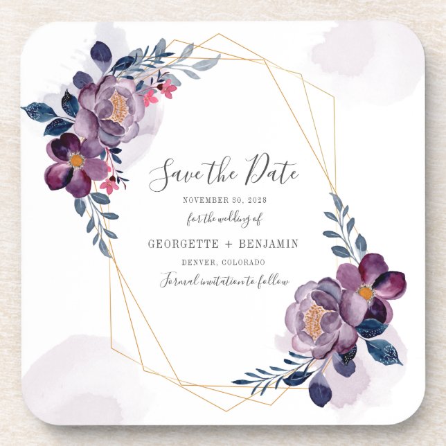 Geometric Purple Floral Wedding Save the Date Coaster (Front)