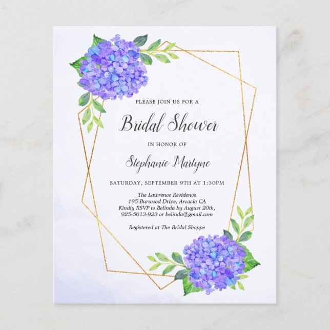 Geometric Purple Hydrangea Bridal Shower Budget (Front)
