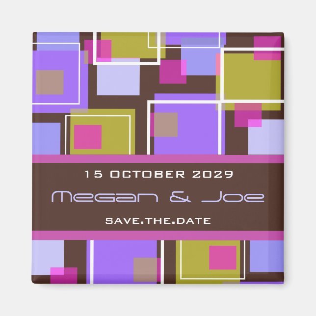 Geometric Purple Retro Cubes Save Date Date Magnet (Front)