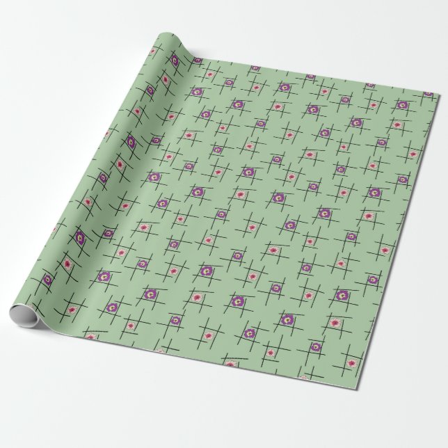 Geometric purple tan flowers on green background wrapping paper (Unrolled)