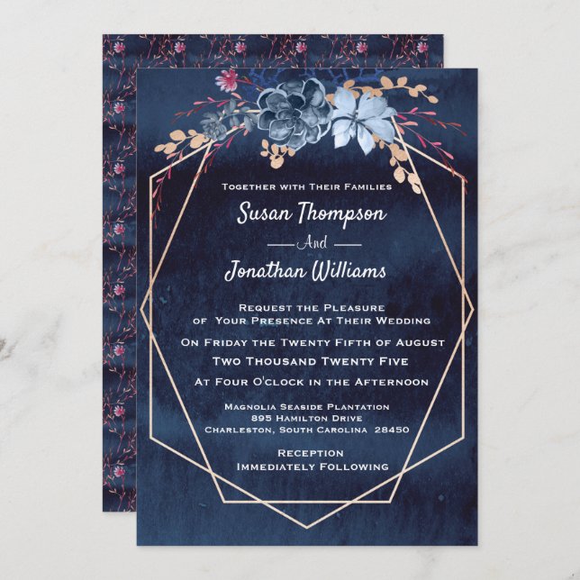 Geometric Purple Watercolor Floral Wedding Invitation (Front/Back)