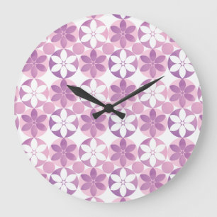 Geometric Purple Watercolor Flower Tile Pattern Large Clock