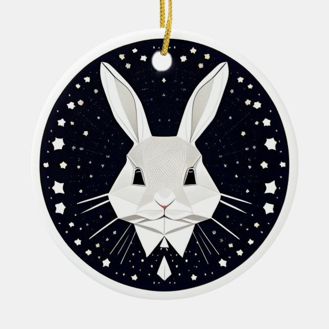 Geometric Rabbit Art with Starry Background Ceramic Ornament (Front)