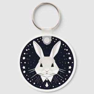Geometric Rabbit Art with Starry Background Key Ring