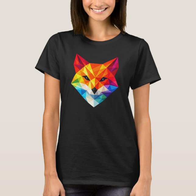 Geometric Rainbow Fox Head Low Poly Art T-Shirt (Front)