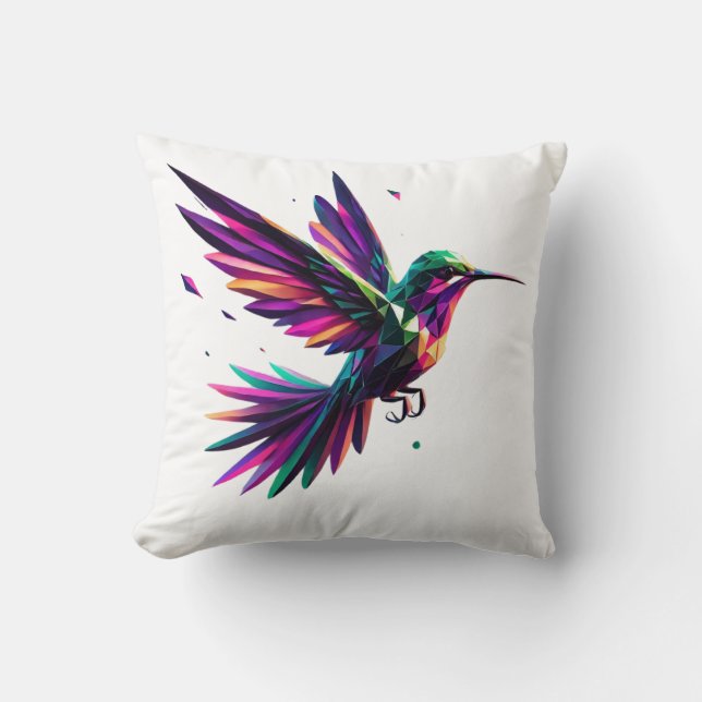 Geometric Rainbow Hummingbird - Vibrant Modern Art Cushion (Front)