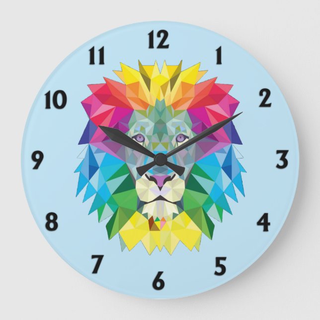 Geometric Rainbow Lion Head w Black Numbers Blue Large Clock (Front)