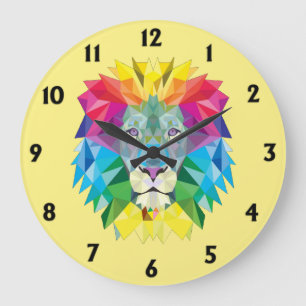 Geometric Rainbow Lion Head w Black Numbers Yellow Large Clock