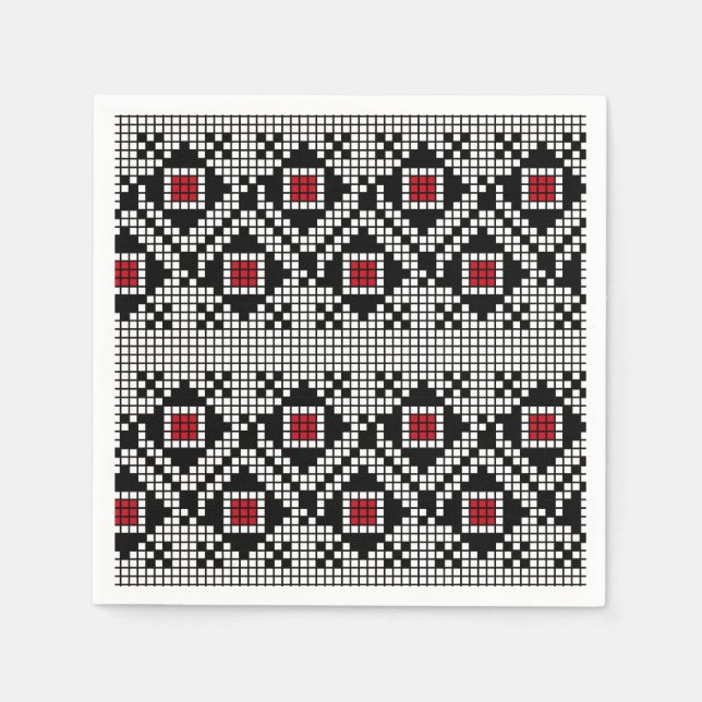 Geometric Red and Black Folk Romanian Motif Napkin (Front)