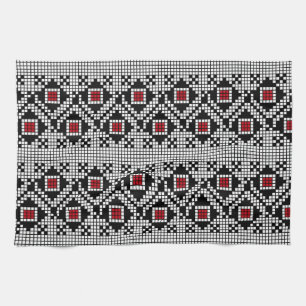 Geometric Red and Black Folk Romanian Motif Tea Towel