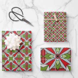 Geometric Red and Green Holiday Wrapping Paper Sheet