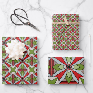 Geometric Red and Green Holiday Wrapping Paper Sheet