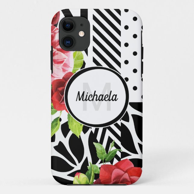 Geometric Red Floral Monogram Case-Mate iPhone Case (Back)