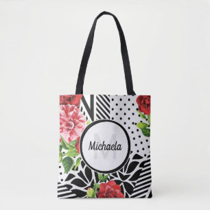 Geometric Red Floral Monogram Tote Bag