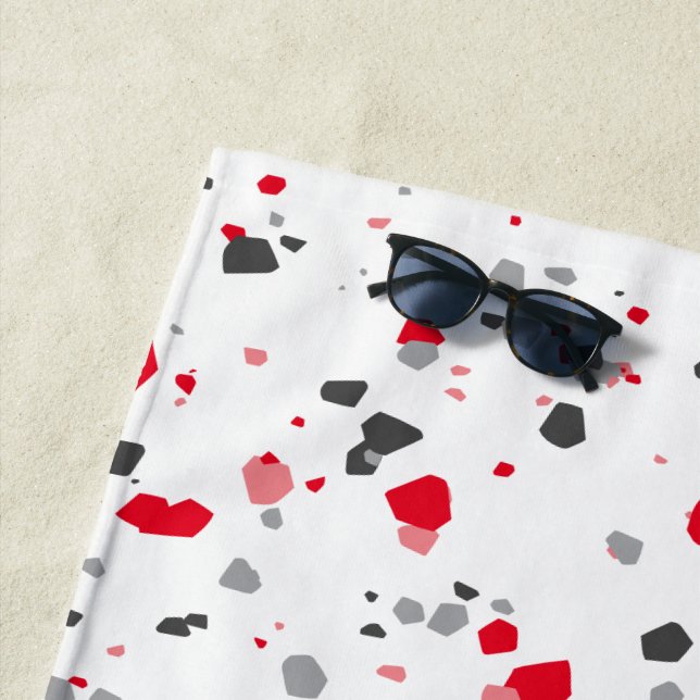 Geometric Red Grey Terrazzo Pattern Beach Towel (In Situ)