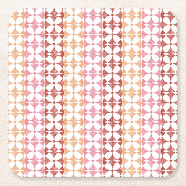 Geometric red ikat stripes pattern square paper coaster (Front)