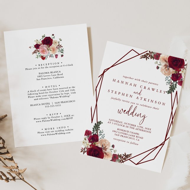 Geometric Red Pink Floral Front & Back Wedding  Invitation (Creator Uploaded)
