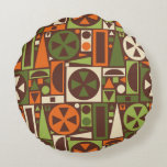 Geometric Retro 50s Mid-Century Modern Abstract Round Cushion<br><div class="desc">This original, retro 1950s / 1960s style mid-mod abstract geometric pattern is made of triangles, squares, rectangles and circles. It's designed in vintage shades of orange, green and cream on a brown background. This pretty pattern repeats seamlessly. It's for fans of midcentury modern art. Add a touch of antique, mod...</div>