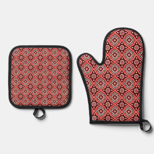 Geometric Retro Floral Pattern Oven Mitt & Pot Holder Set