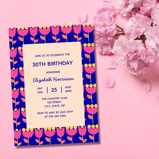 Geometric Retro Flower Bauhaus Blue Birthday  Invitation (Creator Uploaded)