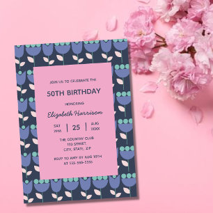 Geometric Retro Flower Bauhaus Navy Pink Birthday  Invitation