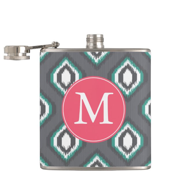 Geometric retro ikat tribal pattern | Monogram Hip Flask (Opened)