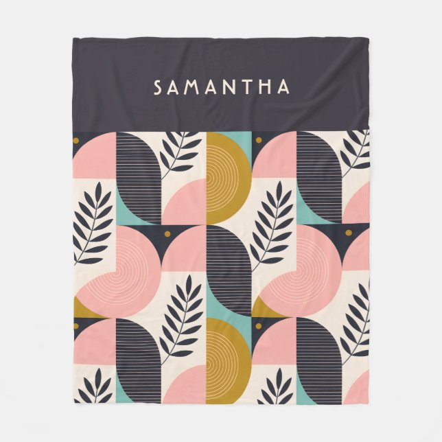 Geometric Retro Leaf Pattern Stylish Monogrammed Fleece Blanket (Front)