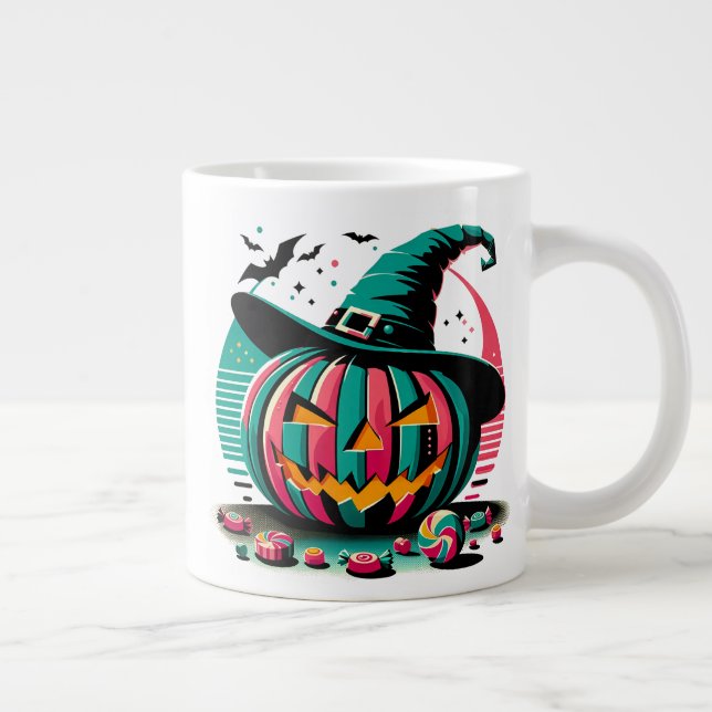 Geometric Retro Pumpkin with Witch Hat Large Coffee Mug (Right)