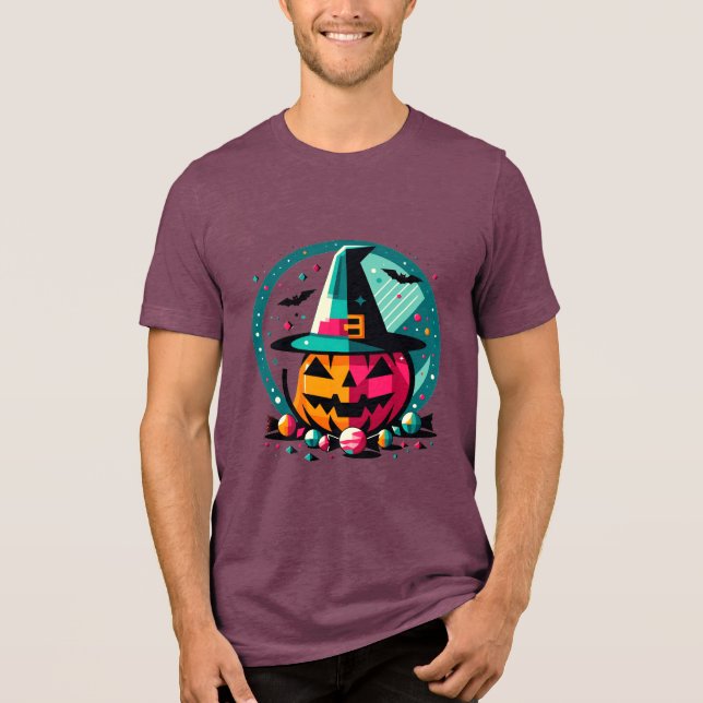 Geometric Retro Pumpkin with Witch Hat Tri-Blend Shirt (Front)