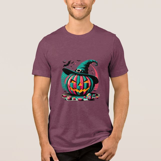 Geometric Retro Pumpkin with Witch Hat Tri-Blend Shirt (Front)
