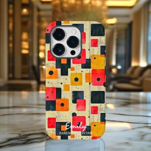 Geometric Retro Squares with Custom Name & Phrase Case-Mate iPhone 14 Pro Case