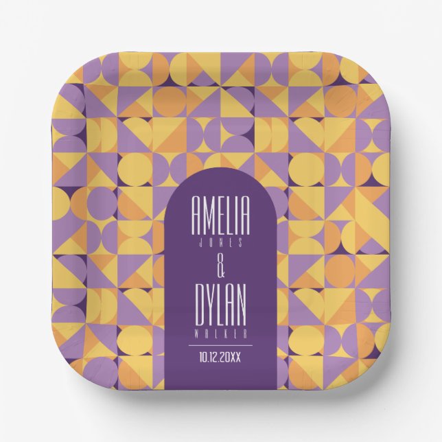 Geometric Retro Vibes Autumn wedding Paper Plate (Front)