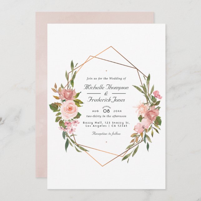 Geometric Rose Gold and Blush Pink Wedding Photo I Invitation (Front/Back)