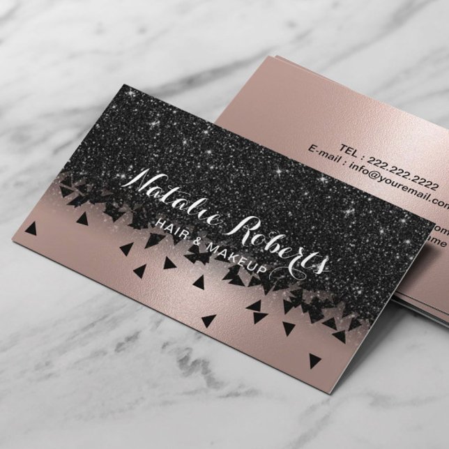 Geometric Rose Gold & Black Glitter Beauty Salon Business Card (Creator Uploaded)