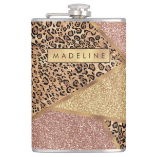 Geometric Rose Gold Blush Glitter Leopard Pattern Hip Flask
