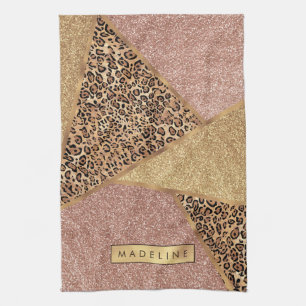 Geometric Rose Gold Blush Glitter Leopard Pattern Tea Towel
