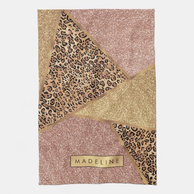 Geometric Rose Gold Blush Glitter Leopard Pattern Tea Towel (Vertical)