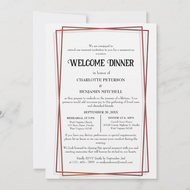Geometric Rose Gold Frame Rehearsal Welcome Dinner Invitation (Front)