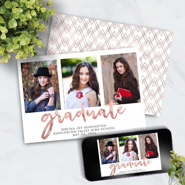 Geometric Rose Gold Handwritten Graduation Photo Announcement (Geometric Rose Gold Handwritten Graduation Photo Announcement with Instant Download)