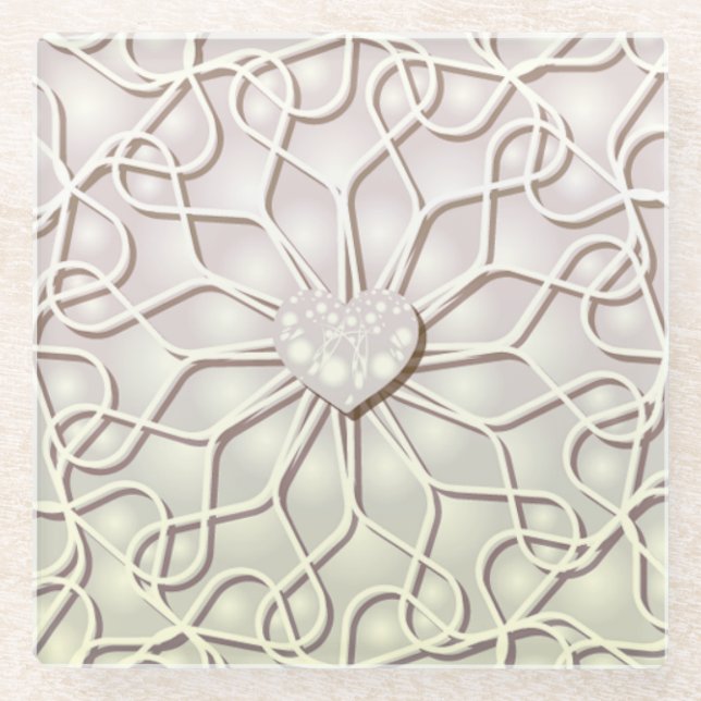 Geometric Rose Gold LOVE Heart Pattern Glass Coaster (Front)