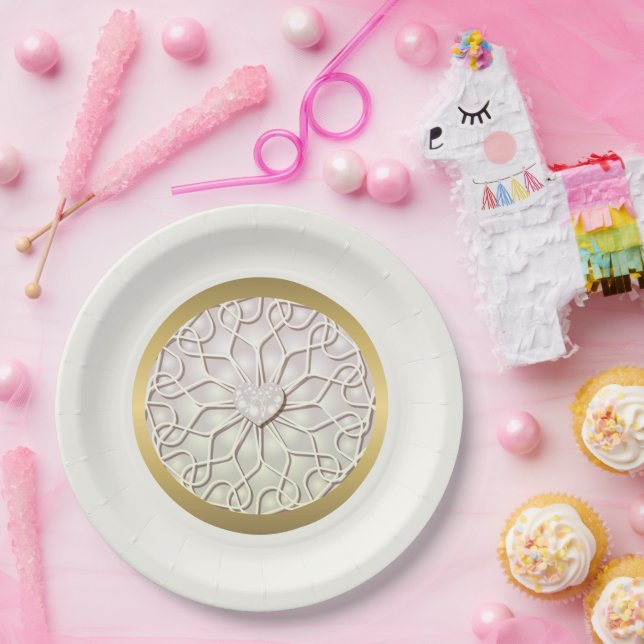 Geometric Rose Gold LOVE Heart Pattern Paper Plate (Party)