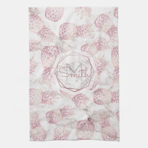 Geometric rose gold pineapples marble pattern tea towel