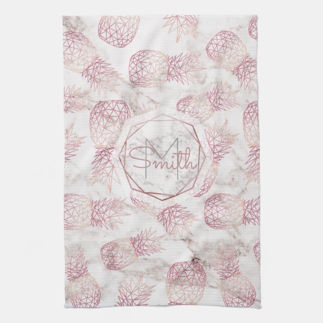 Geometric rose gold pineapples marble pattern tea towel (Vertical)