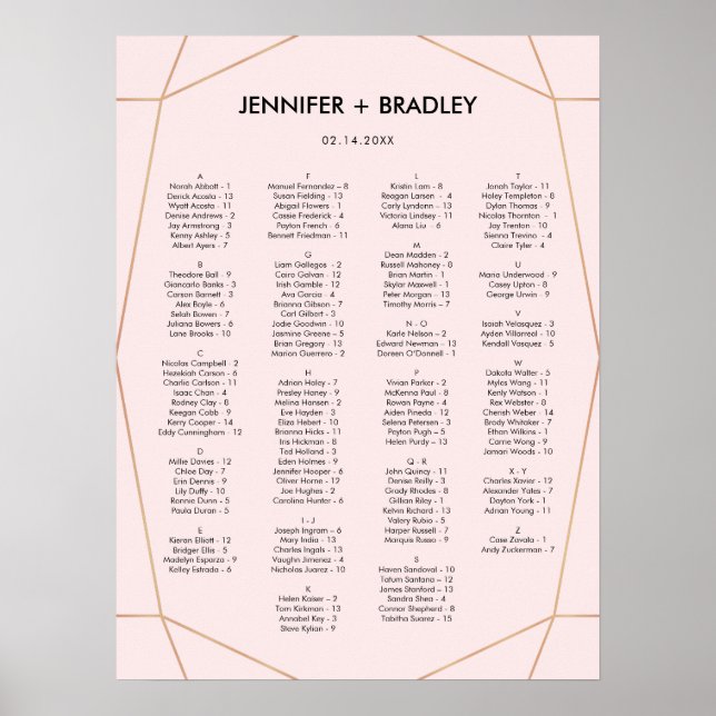 Geometric Rose Gold Seating Chart | Custom Colour (Front)