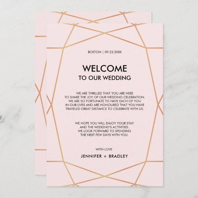 Geometric Rose Gold Wedding Welcome Note Invitation (Front/Back)